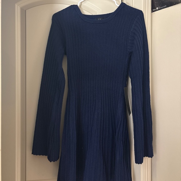 Lulus Convincing Poise Navy Ribbed Long Sleeve Skater Mini Dress Blue - Size S - Picture 2 of 2